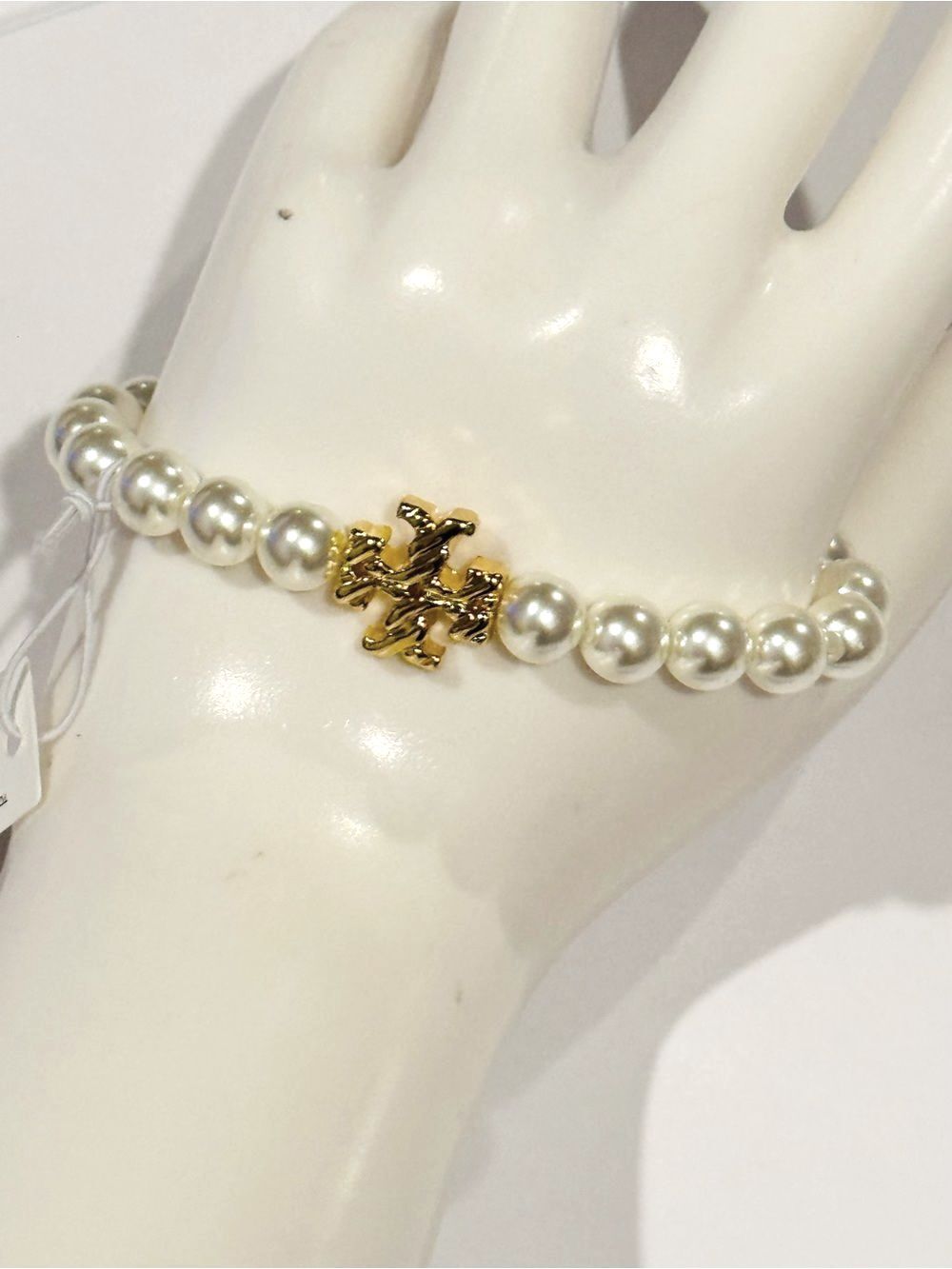 NWT Tory Burch Faux Pearl Stretch Bracelet Gold Double T Logo Accent Bead Cream